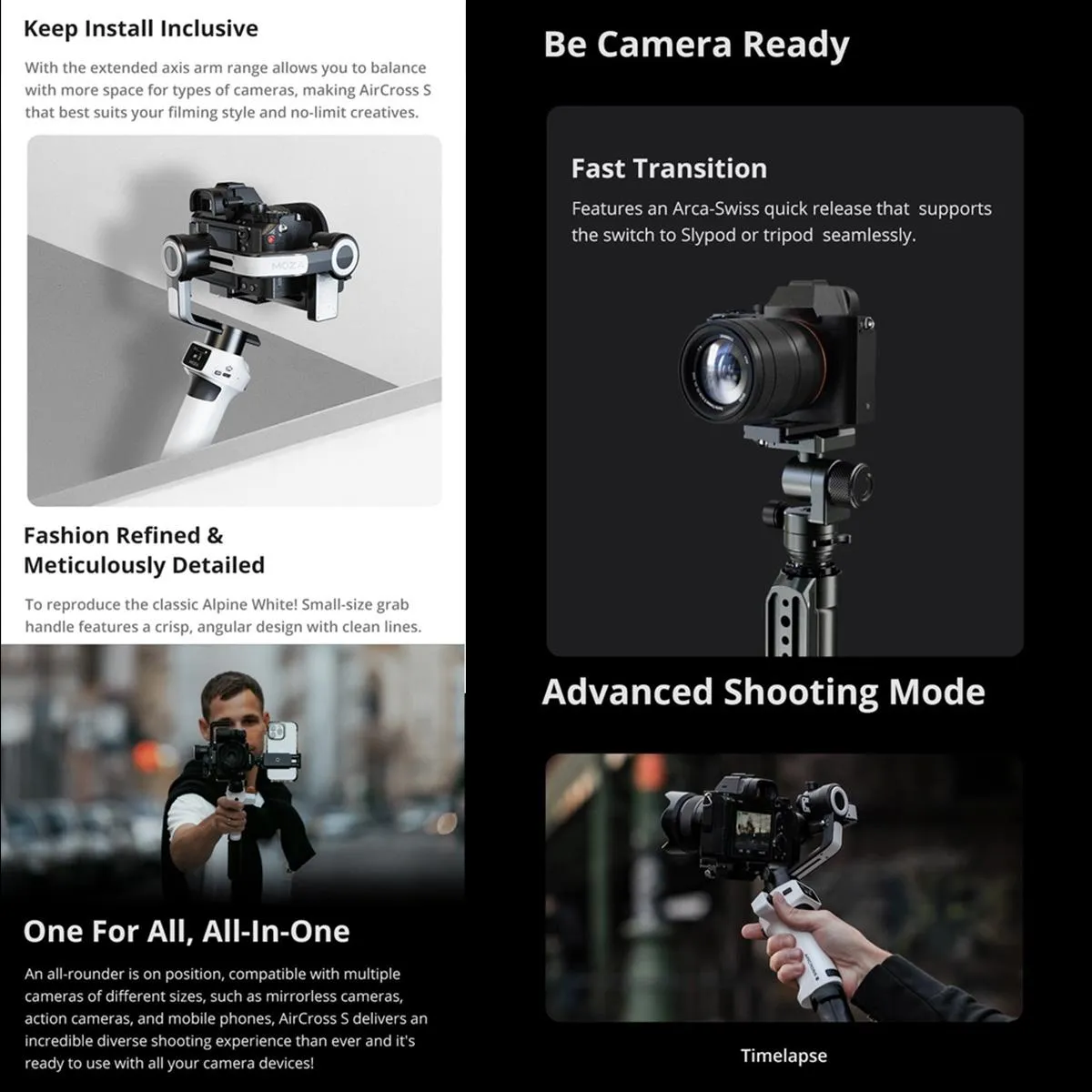 Aircross s 3 Axis Foldable Handheld Gimbal Stabilizer for Dslr Cameras and Smart Phone White